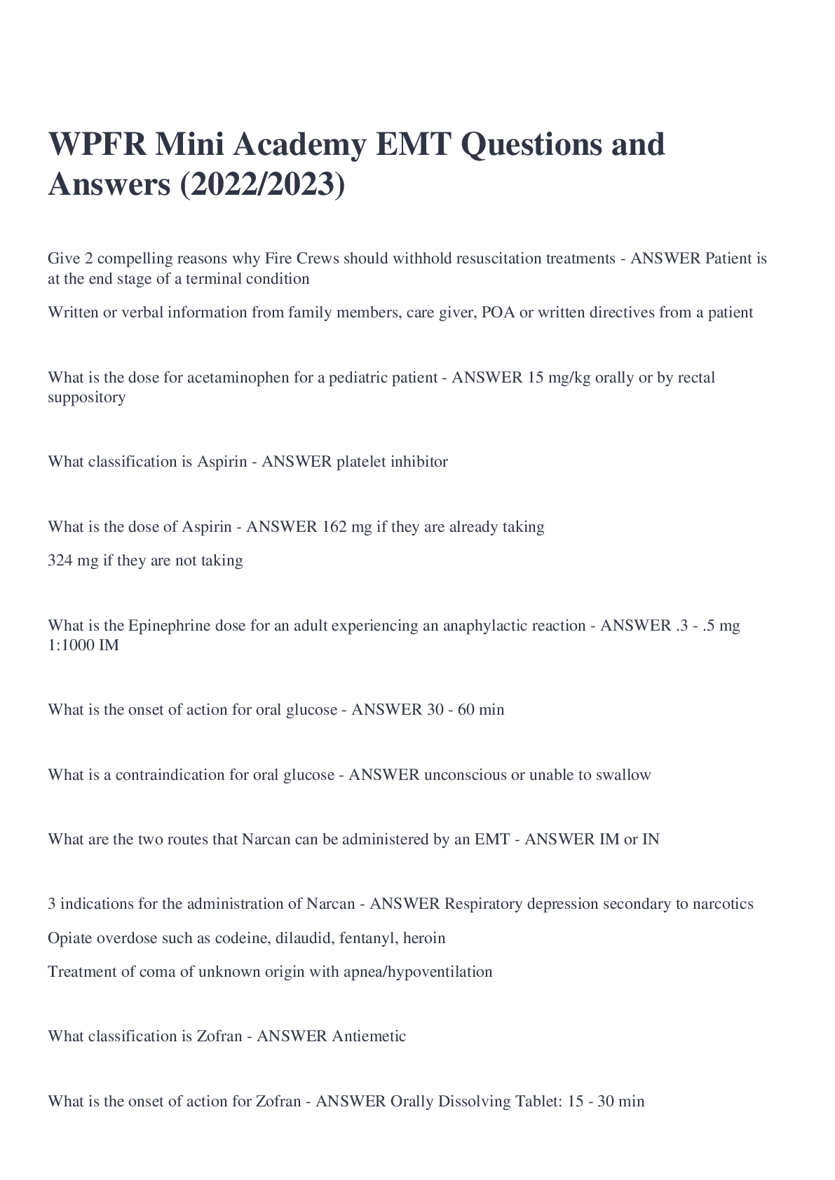 Preview image for WPFR Mini Academy EMT Questions and Answers (2022/2023)